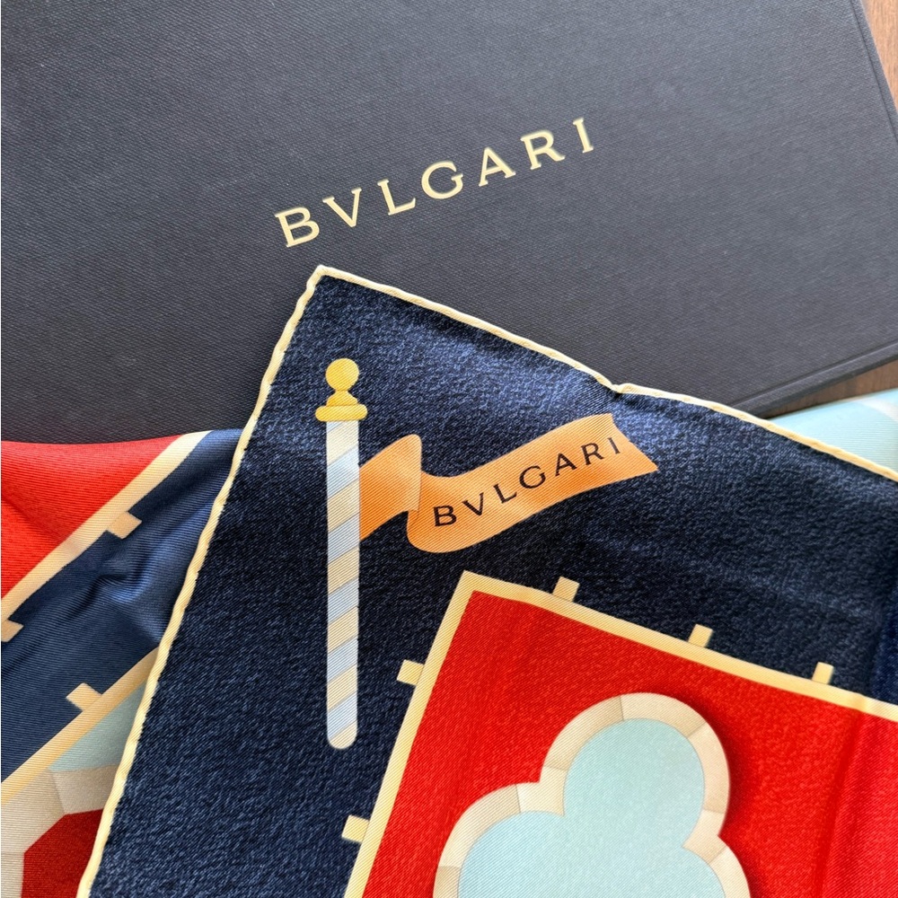 NEW in box Bvlgari Red and Navy Silk Graphic Scarf with Pale Blue Accents